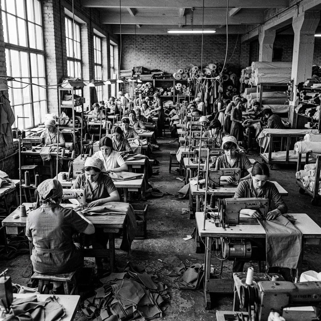 Black and white view of the Bodencia garment factory floor