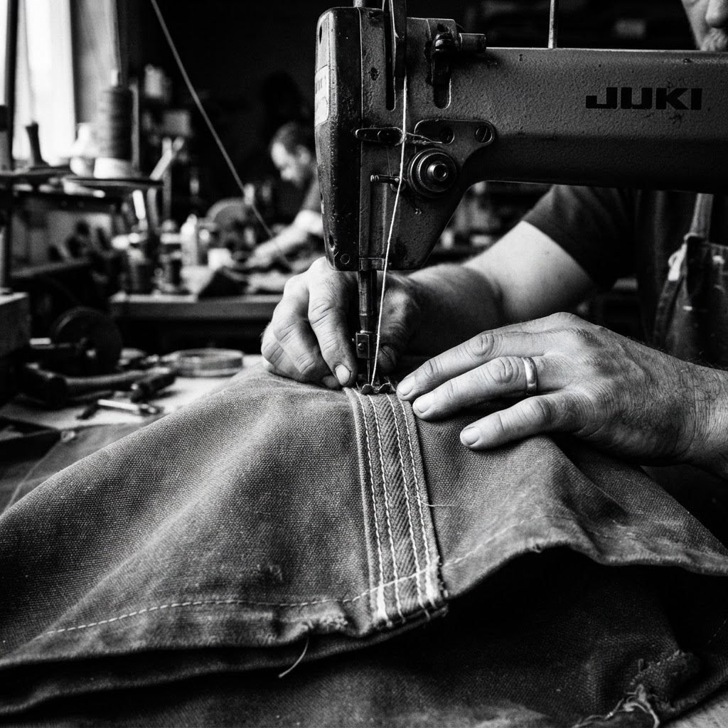 Close-up of hands stitching reinforced canvas on an industrial sewing machine