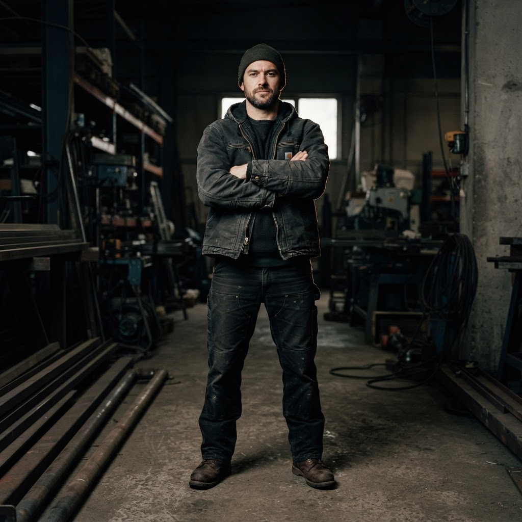 Model wearing a heavy-duty Bodencia canvas work jacket in an industrial setting