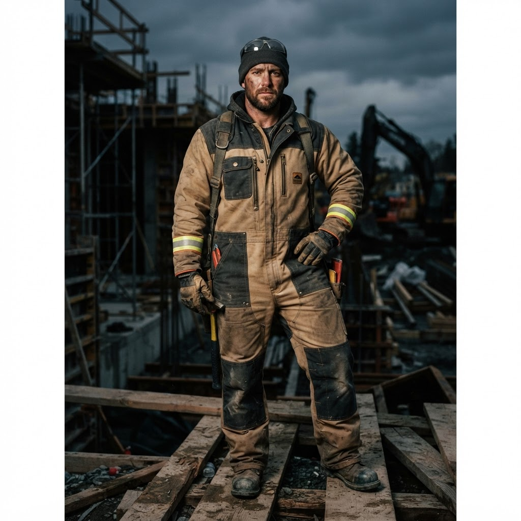 Worker in charcoal and tan duck-canvas coveralls